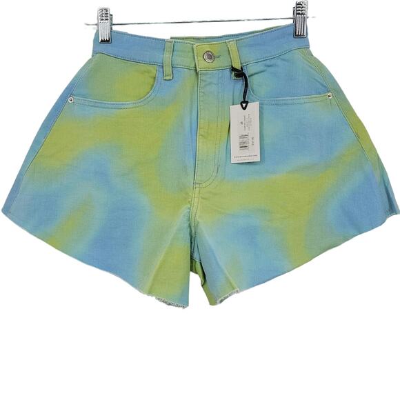 Revolve Weworewhat Womans 25 Flare Bell Shorts Stretch Twill Denim Tie Dye NEW - Picture 1 of 8